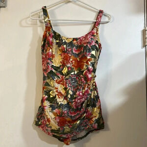 Beach Bay Vintage Floral One Piece Bikini Gold Faux Wrap Skirt 10 Retro Pin Up